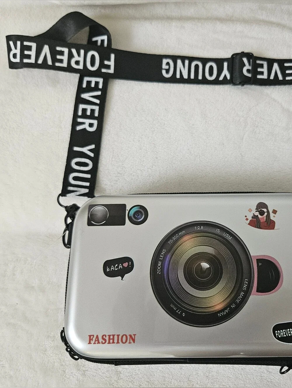 Rainbow Silver Camera Print Crossbody Bag with Black 'FOREVER YOUNG' Strap